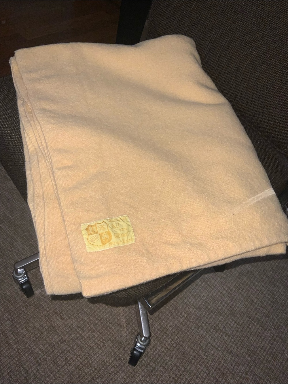 vintage wool blanket made in england camel beige yellow